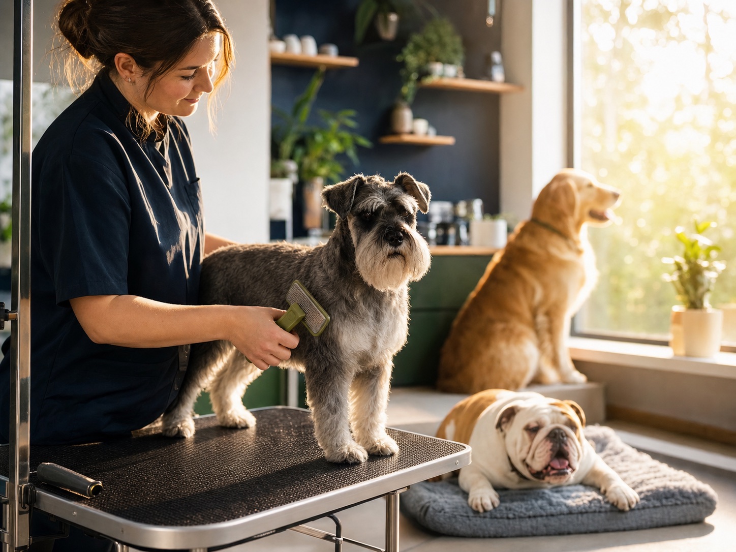 Groomer cepillando un schnauzer en un estudio iluminado por el atardecer